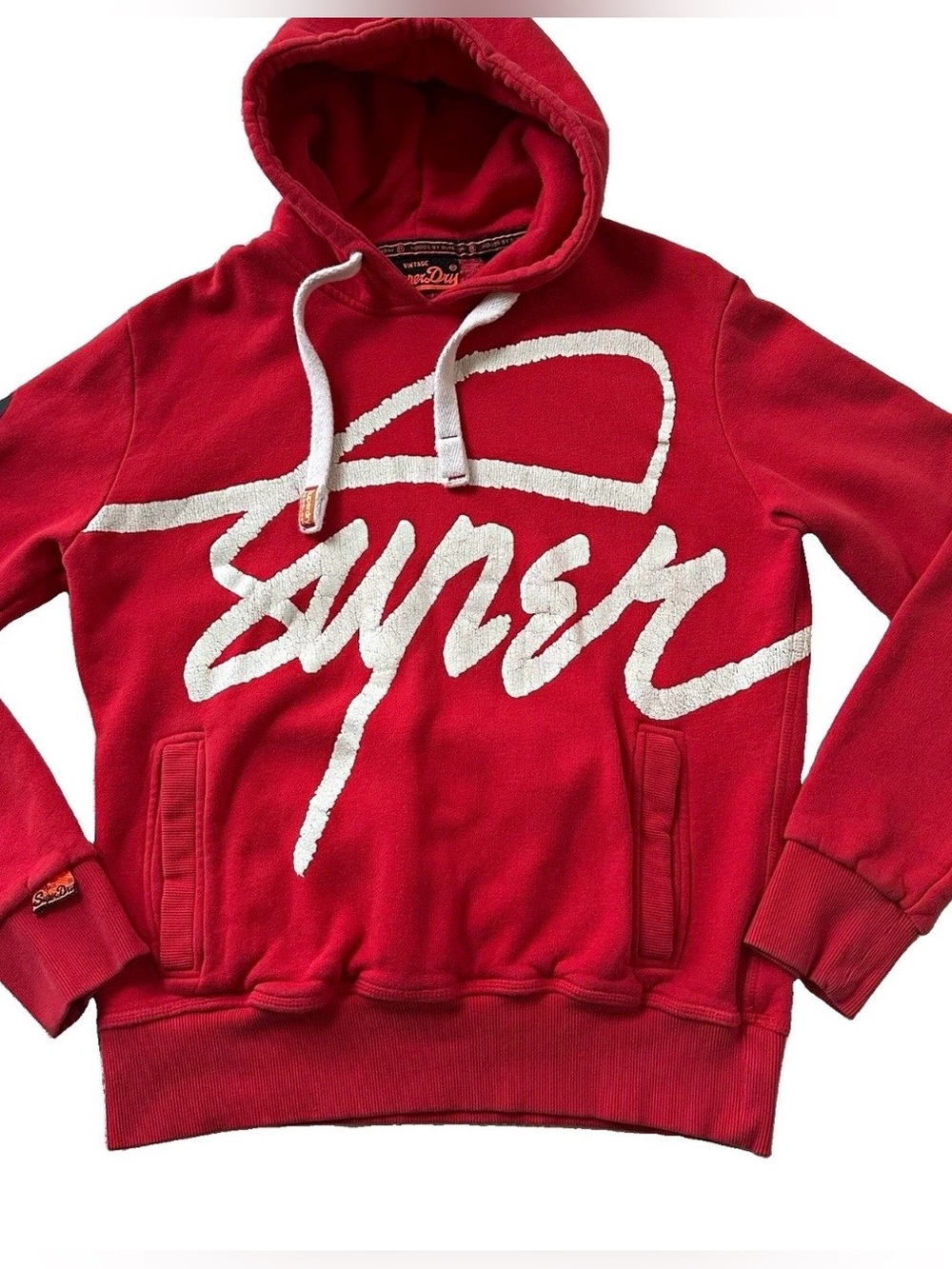Superdry Red Pullover Hoodie Men’s L-Fleece Cotton Pockets Distress Graphic Logo